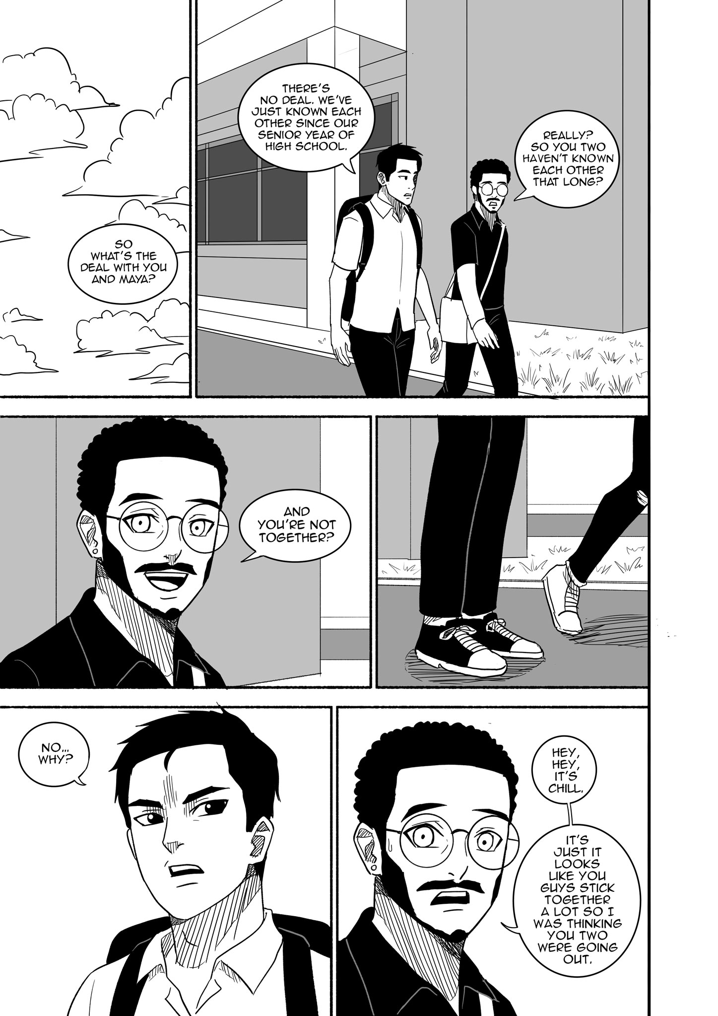 Black and white comic page with two young men walking and talking outside a building about their relationship with Maya; one man has short dark hair and wears a backpack, the other has glasses and a beard. They discuss how long they've known each other, whether they're together, and clarify that they are not dating despite appearing close.