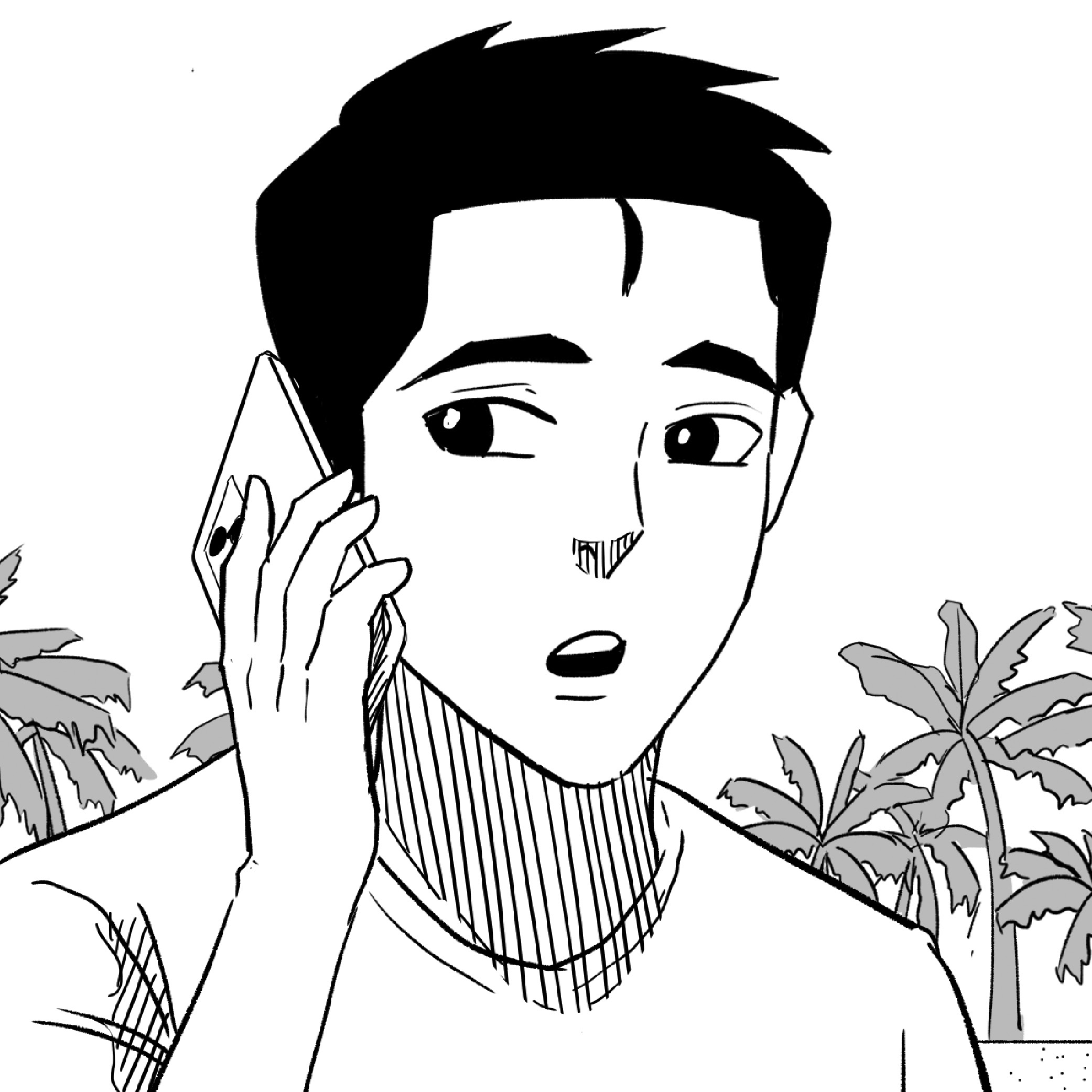 Black and white illustration of a young man with short dark hair holding a smartphone to his ear, looking to the side with a slightly open mouth, surrounded by tropical palm trees in the background.
