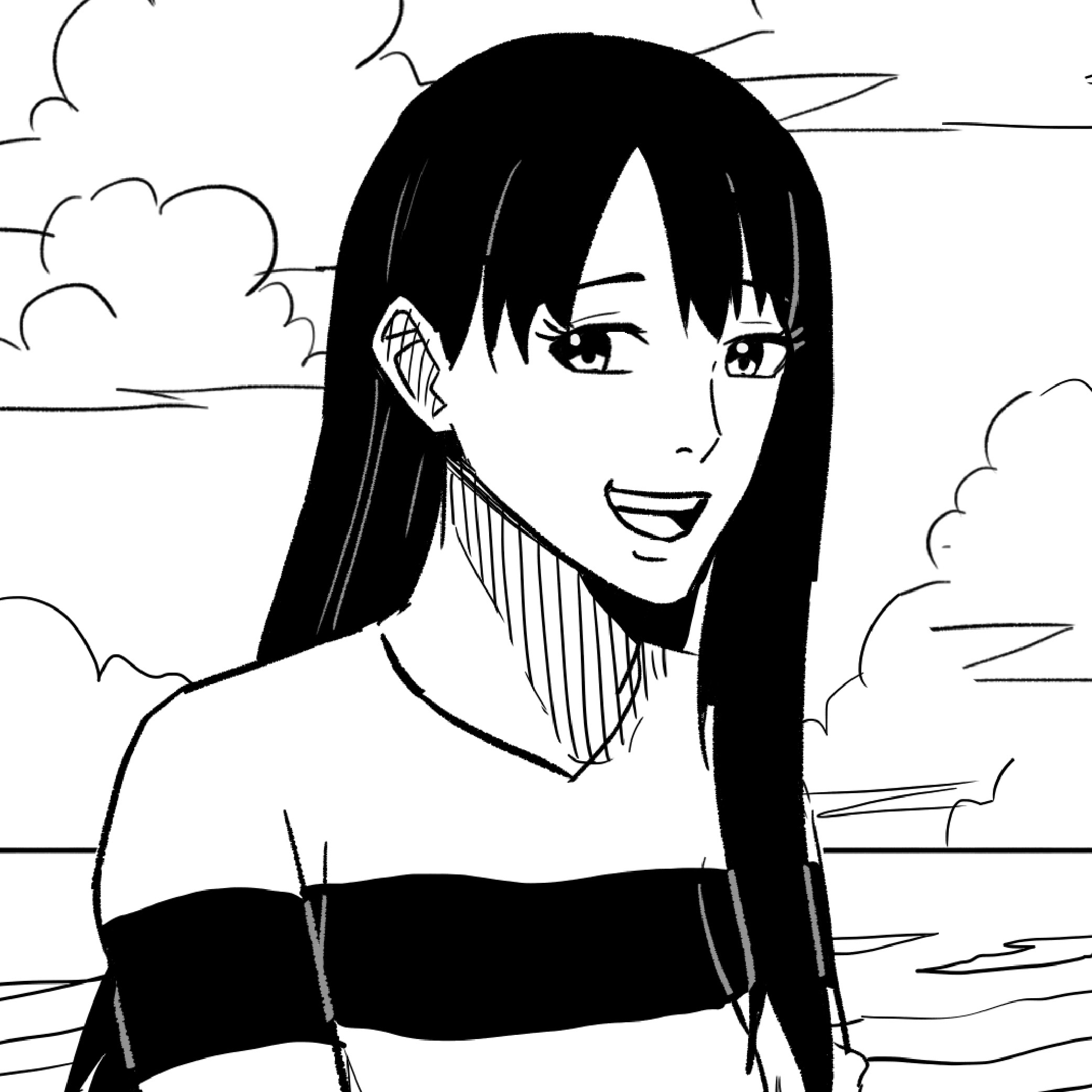 Black and white anime-style drawing of a smiling young woman with long straight hair wearing a striped top, standing outdoors with clouds and the sea in the background.