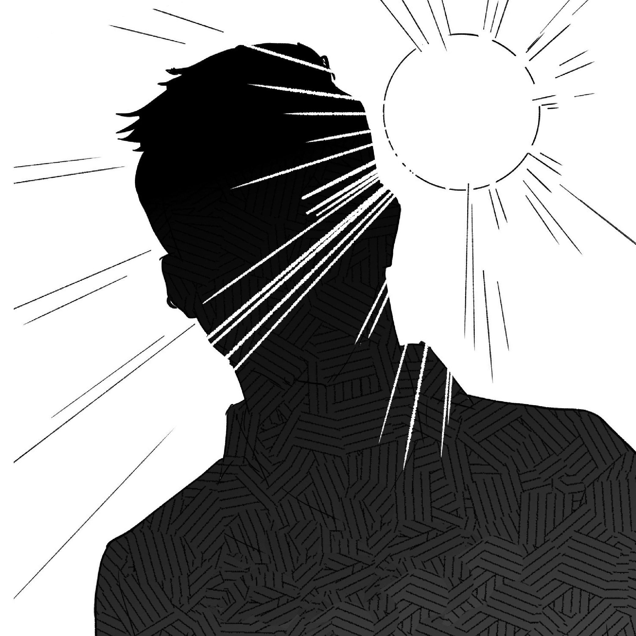 Black silhouette of a person with textured pattern on the body facing a bright sun emitting radiating lines on a white background.