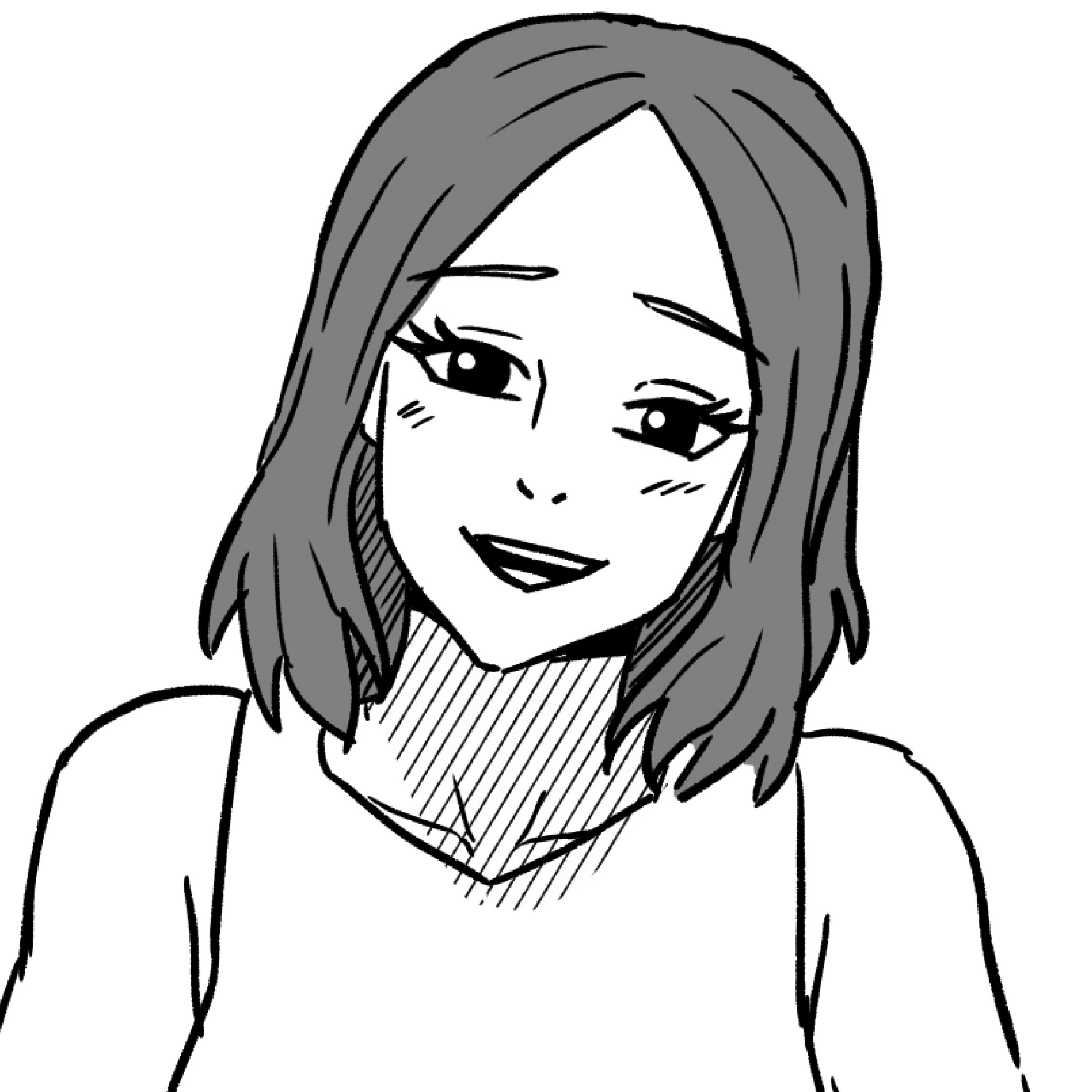 Black and white anime-style illustration of a smiling woman with medium-length dark hair wearing a high-neck sweater.