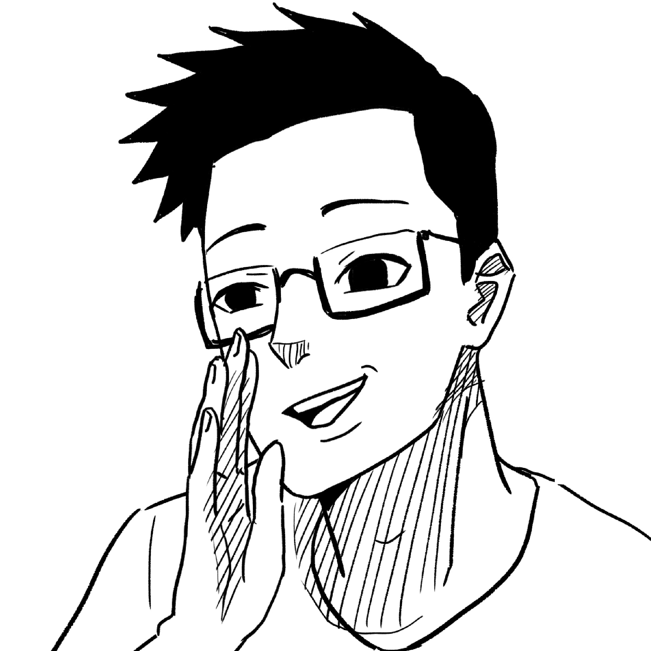 Black and white line drawing of a young man with short spiky hair and glasses, smiling and holding one hand close to his face.