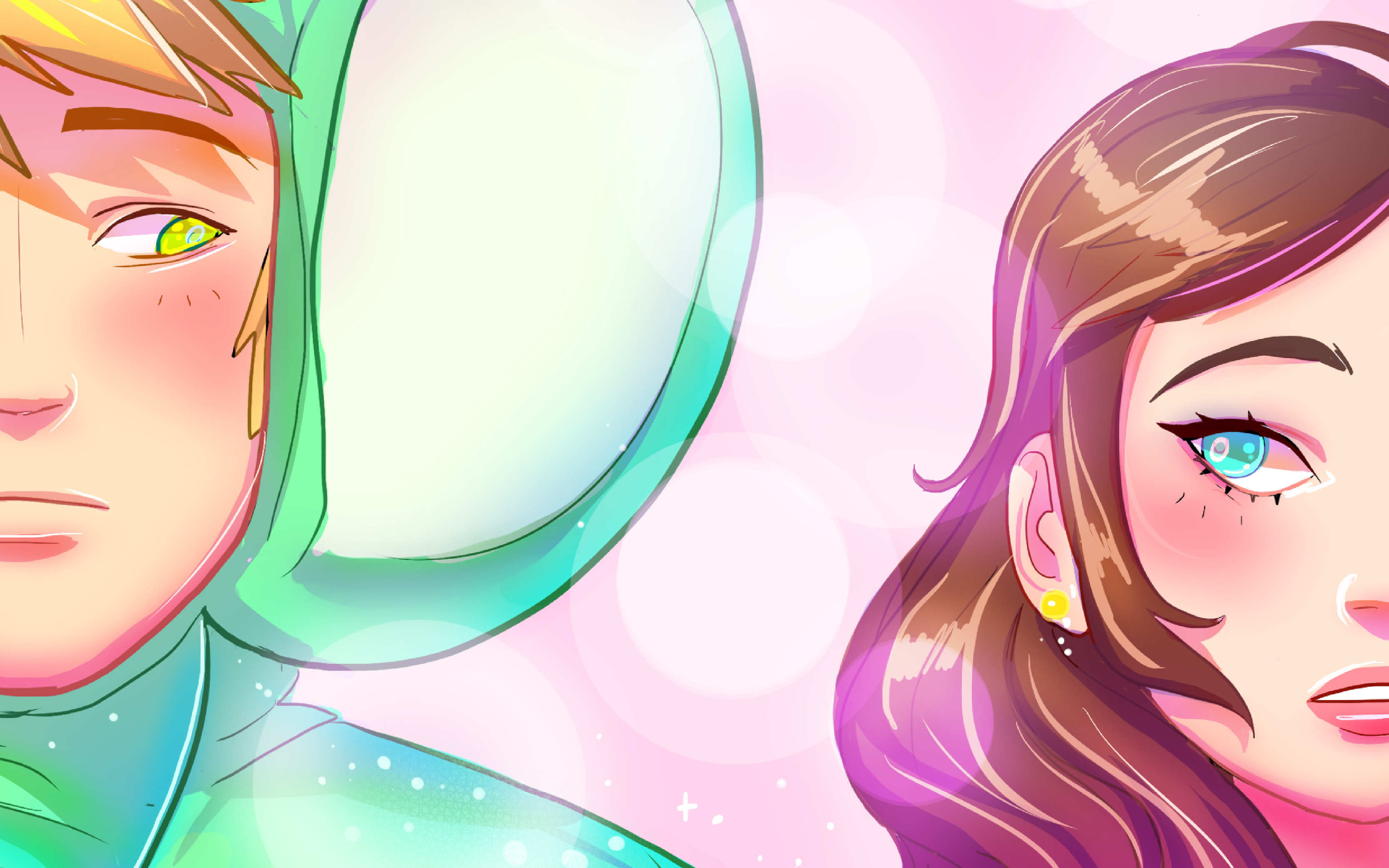 Digital artwork showing close-up of two faces side by side against a soft pink background with light circles, a blond-haired person with green eyes and a large green headphone on the left, and a brown-haired person with bright blue eyes, pink lips, and a yellow earring on the right.