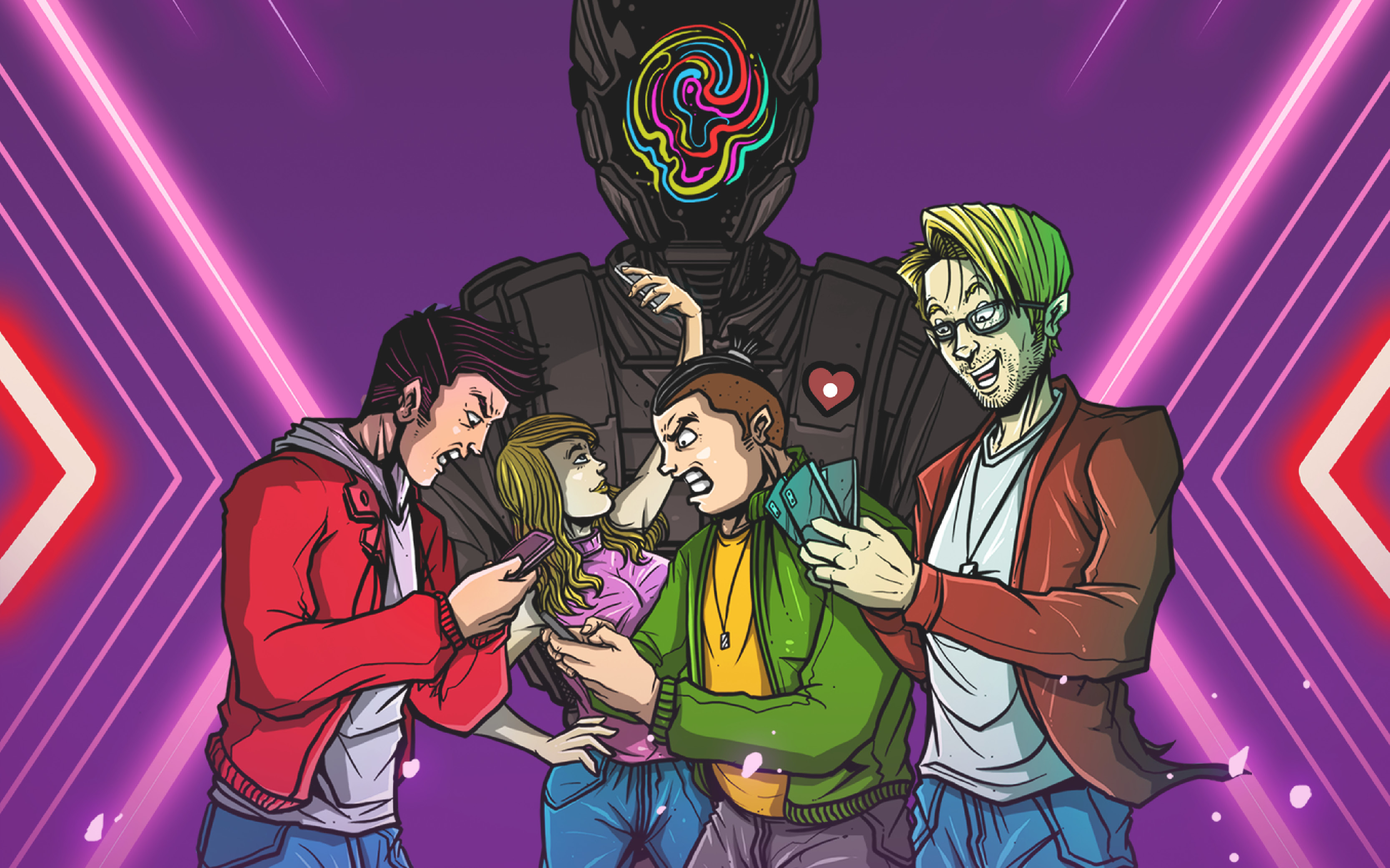Illustration of four animated characters using smartphones in front of a large dark robot figure with a colorful abstract design on its face and a heart symbol on its chest against a purple background with neon pink geometric lines.