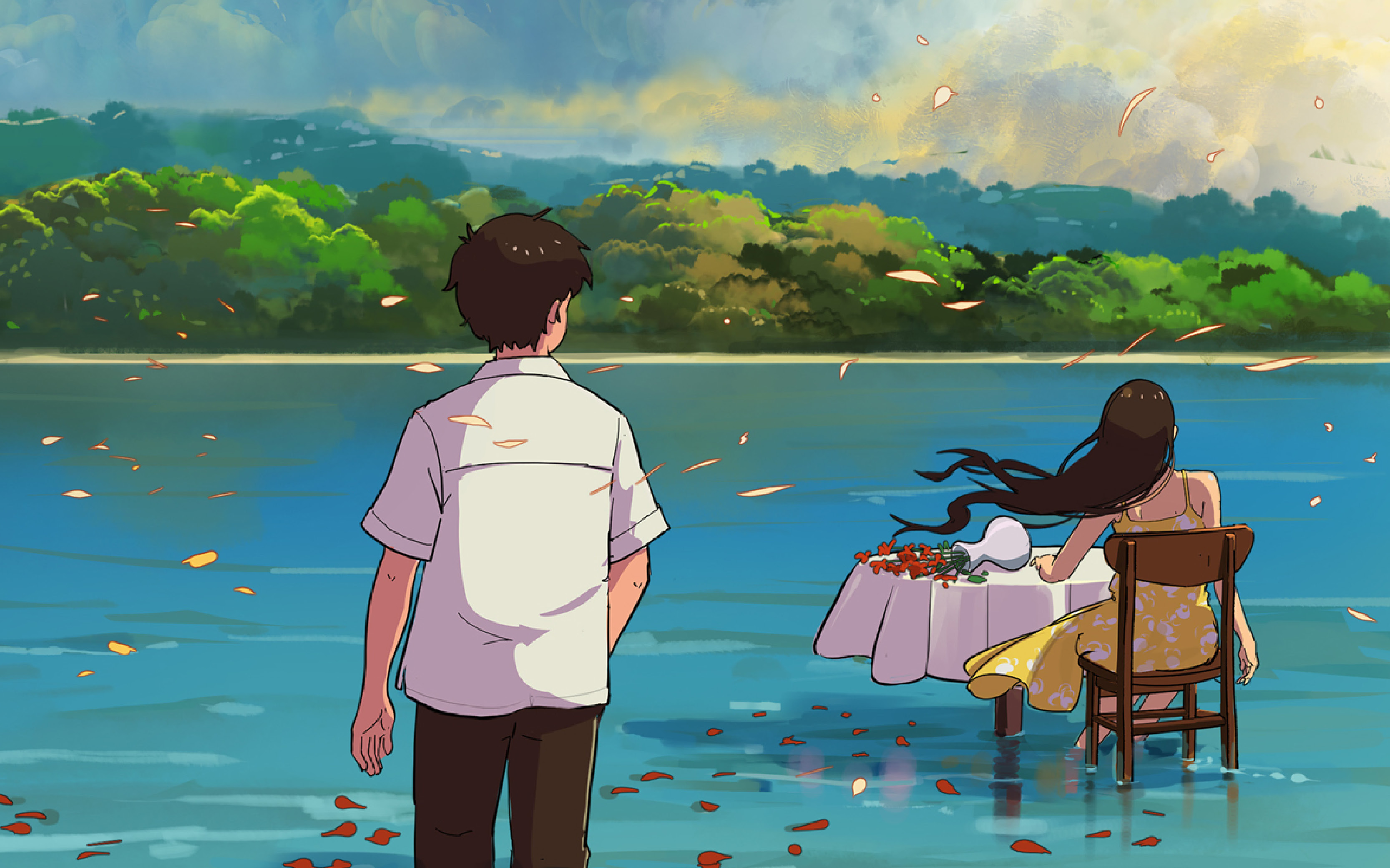 An animated scene showing a boy in a white shirt and dark pants standing in shallow water looking at a girl sitting on a wooden chair at a small table with a white cloth and flowers, with her long hair flowing behind her, set against a green forest and cloudy sky background.