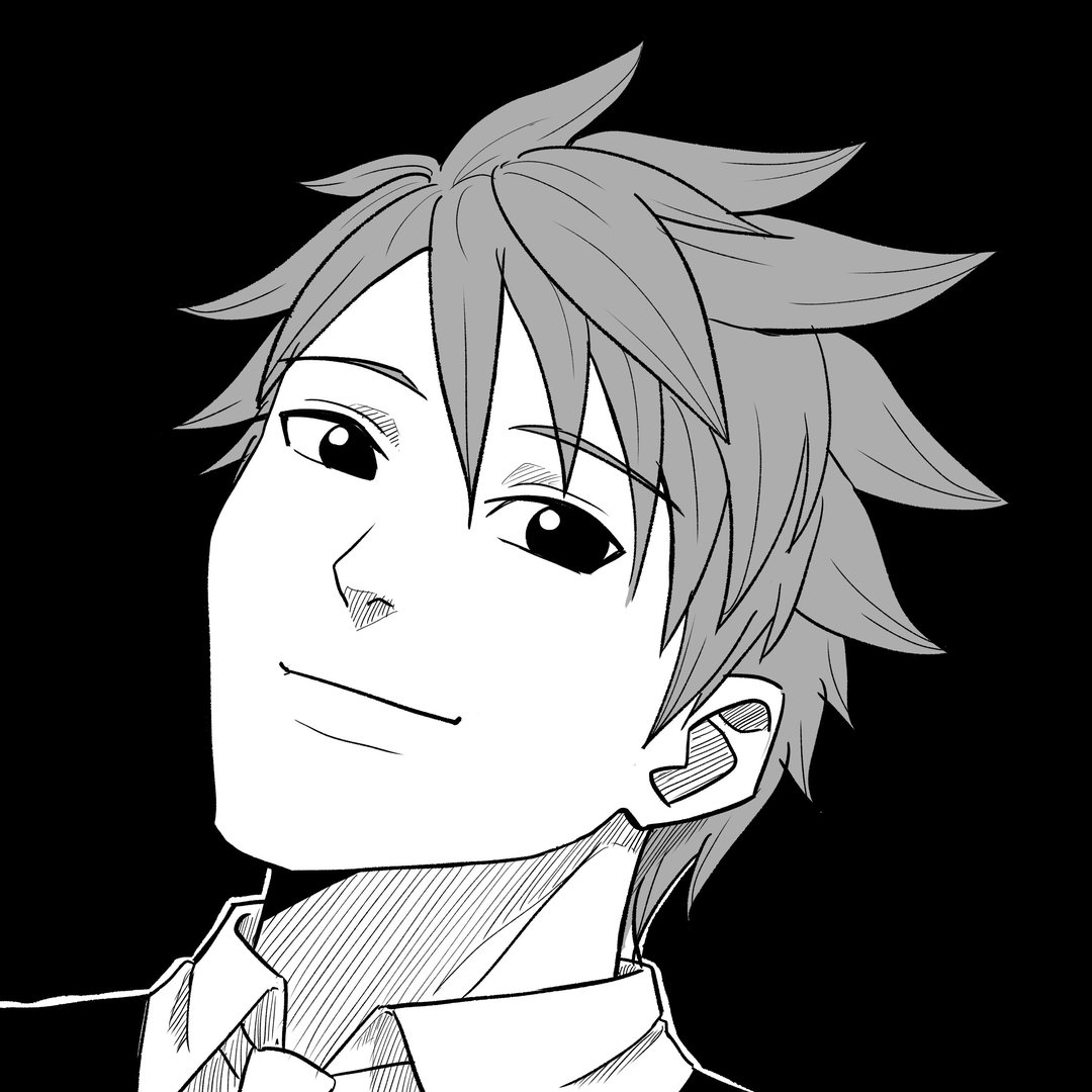 Black and white manga-style drawing of a young man with spiky hair smiling gently, wearing a collared shirt and tie, set against a solid black background.