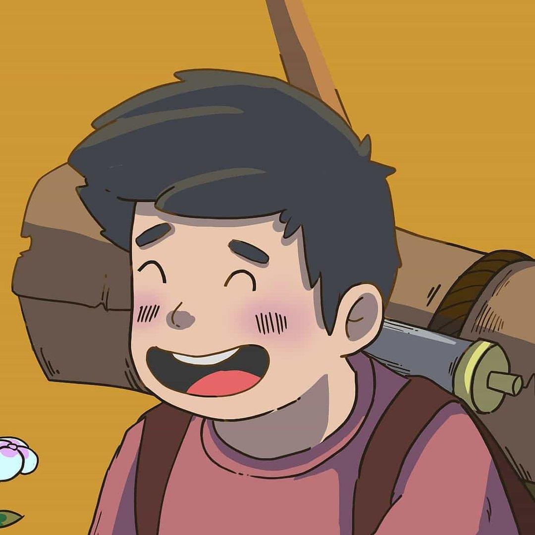 Animated character of a happy boy with dark hair, rosy cheeks, and a big smile, wearing a pink shirt and carrying a large brown backpack with a sword strapped to it.