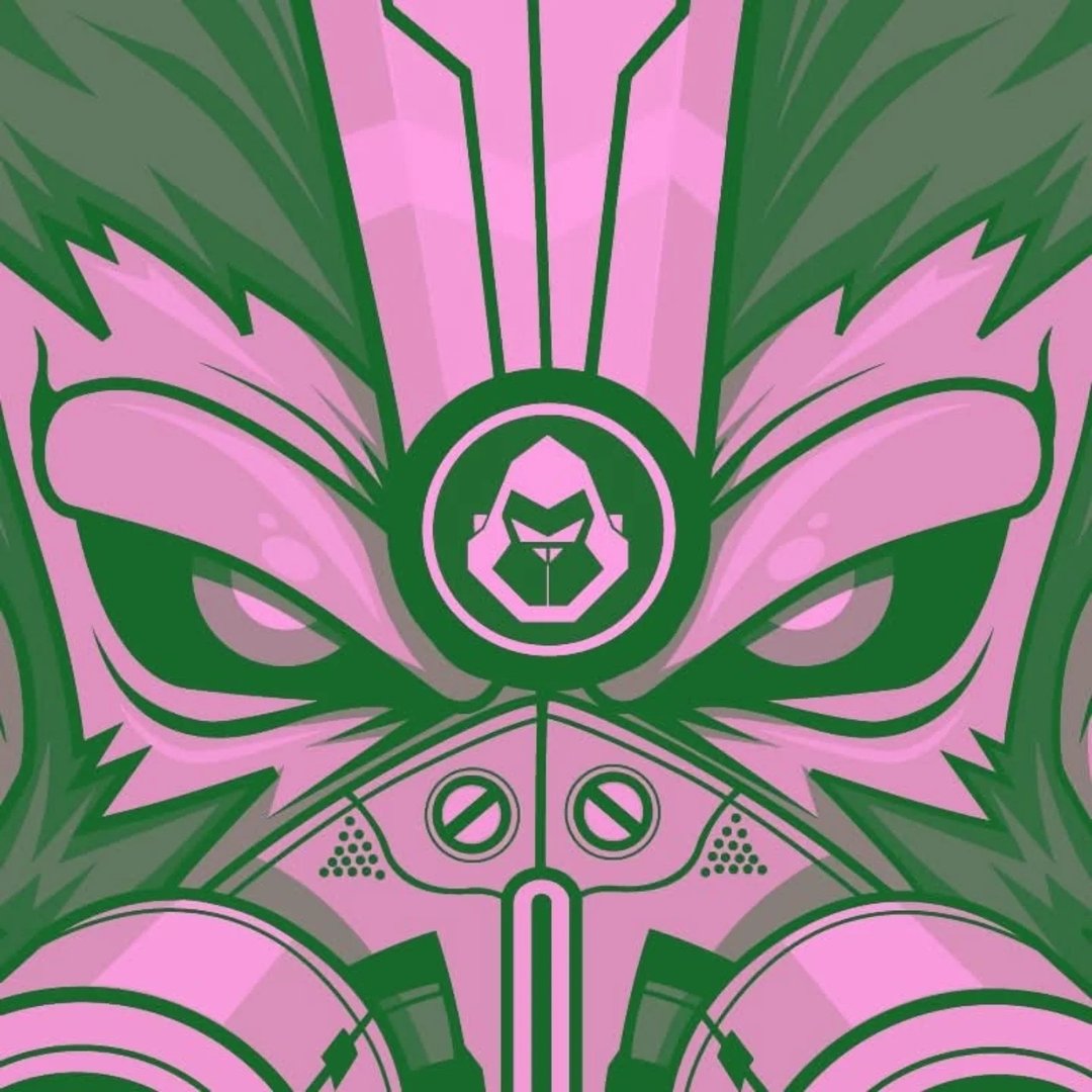 Stylized graphic of a fierce face with sharp eyes wearing a mask featuring screws and circular filters, with a prominent emblem of a gorilla head on the forehead in green and pink tones.