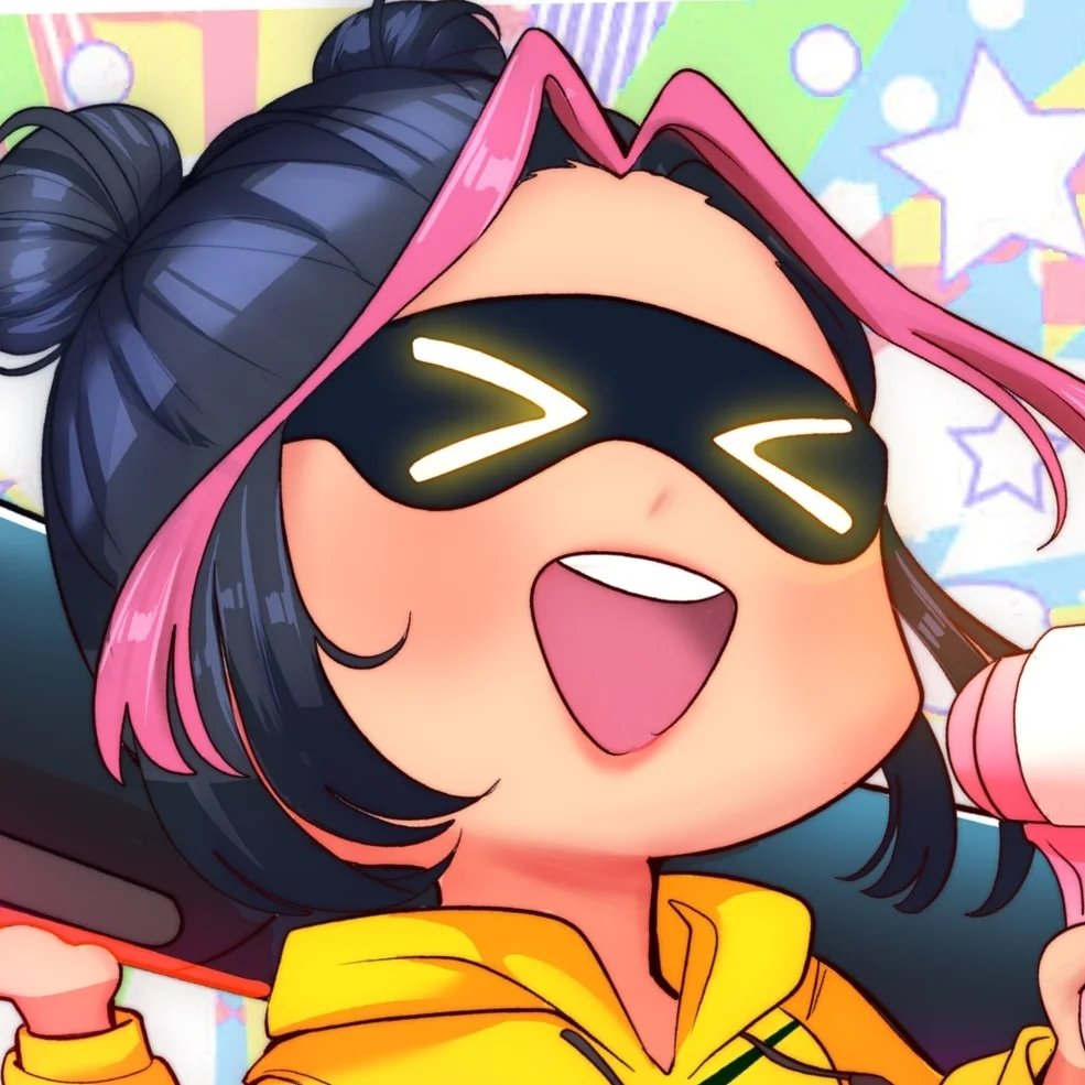 Animated character with dark blue hair in double buns and pink highlights, wearing a yellow hoodie and black visor glasses with glowing, squinted eyes, smiling widely, holding a microphone against a colorful background with stars and bubbles.