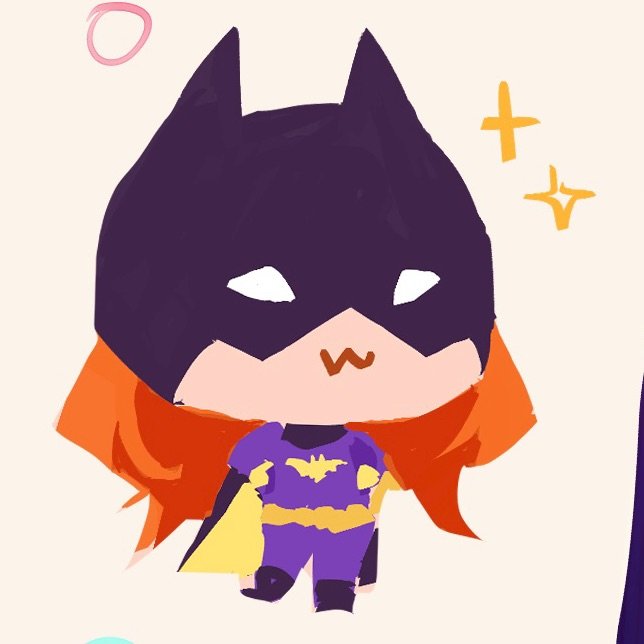 Chibi-style cartoon character dressed as Batgirl with a purple costume, black bat mask, yellow bat symbol on chest, yellow belt, yellow cape, and red hair.