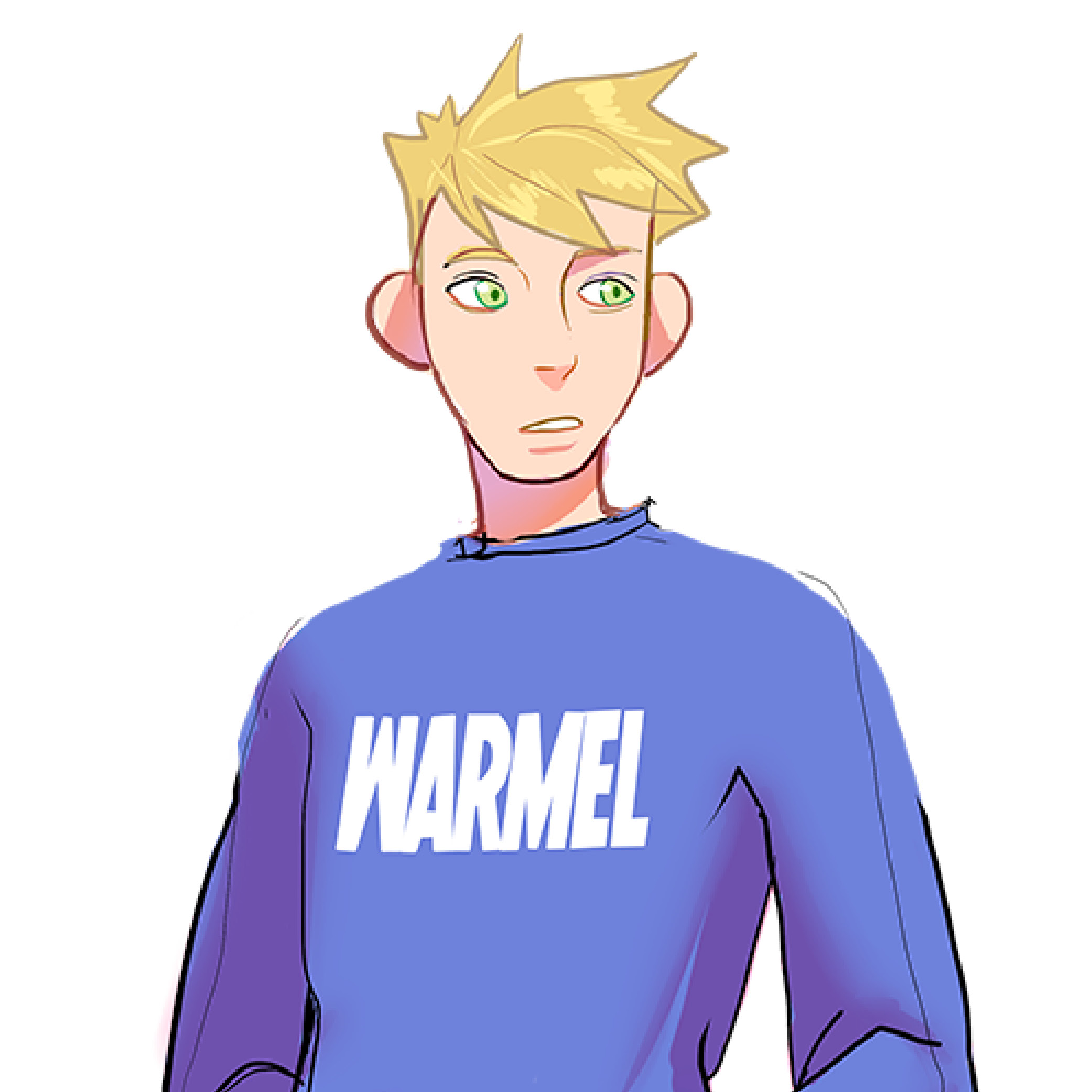 Illustration of a young man with spiky blonde hair and green eyes wearing a blue shirt with the word WARMEL in bold white letters, looking to his left with a neutral expression.
