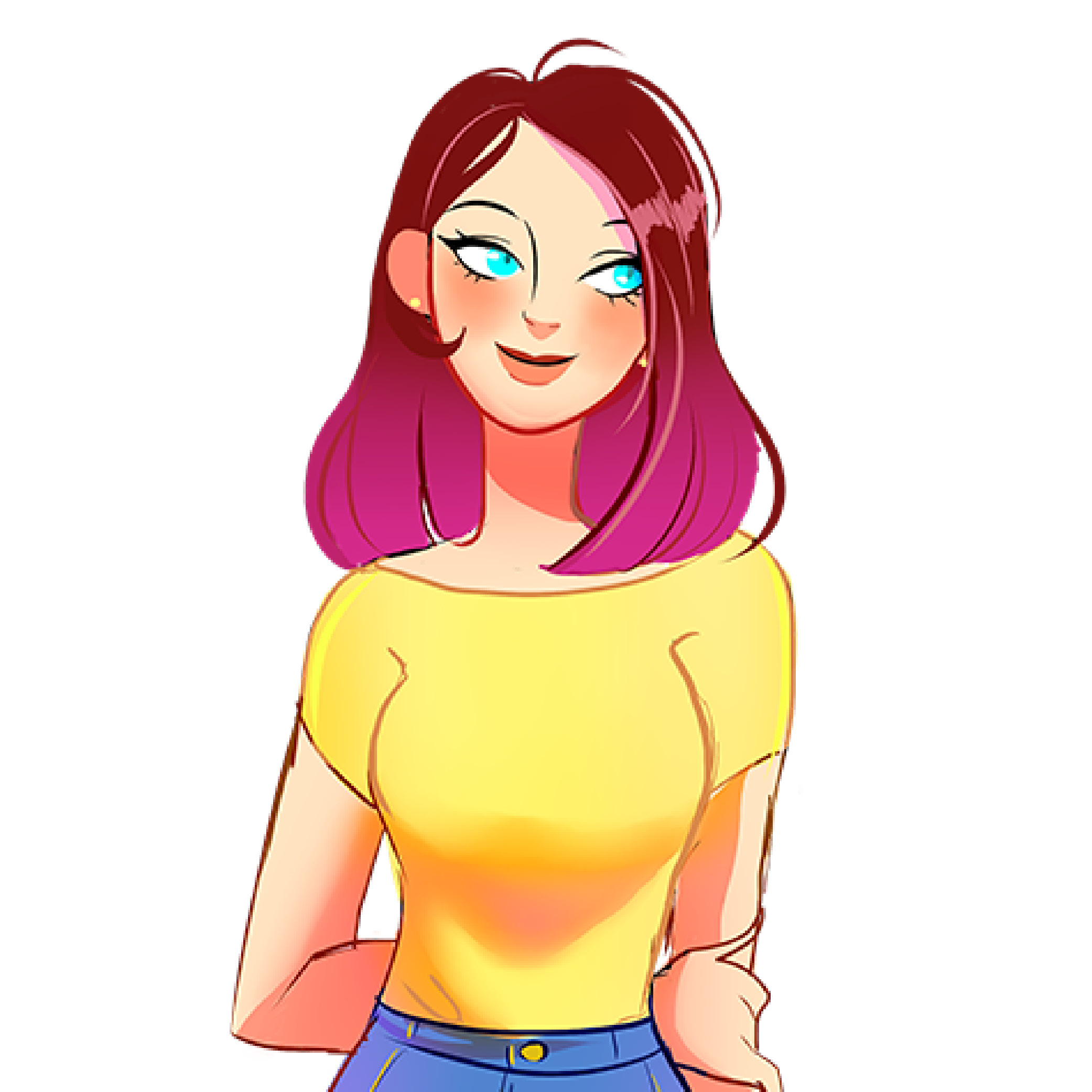 Illustration of a smiling woman with blue eyes and shoulder-length hair that is burgundy at the top and magenta at the ends, wearing a yellow off-shoulder top and blue pants.
