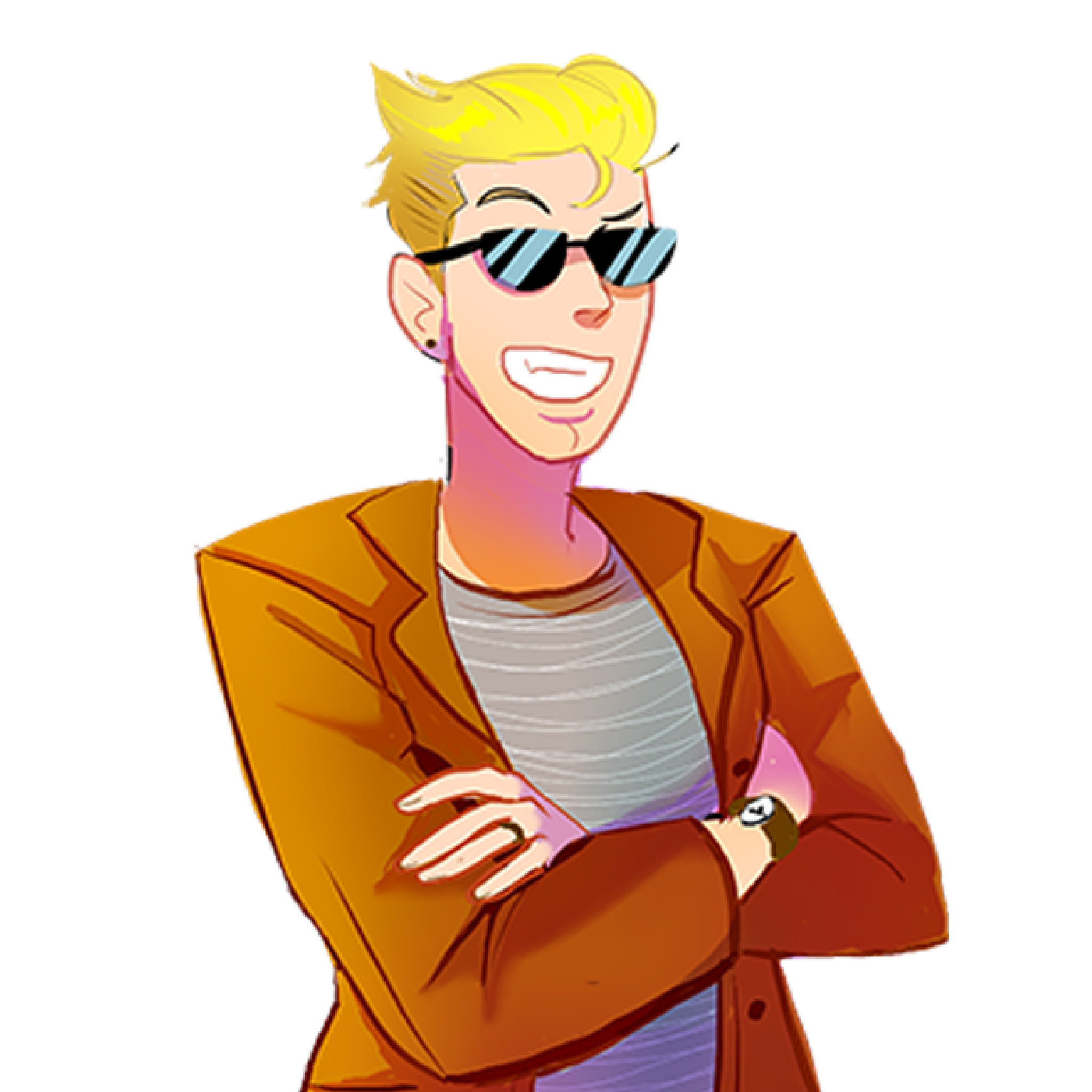Cartoon character with blond hair wearing black sunglasses, a brown blazer, a gray striped shirt, and a wristwatch, smiling with arms crossed.