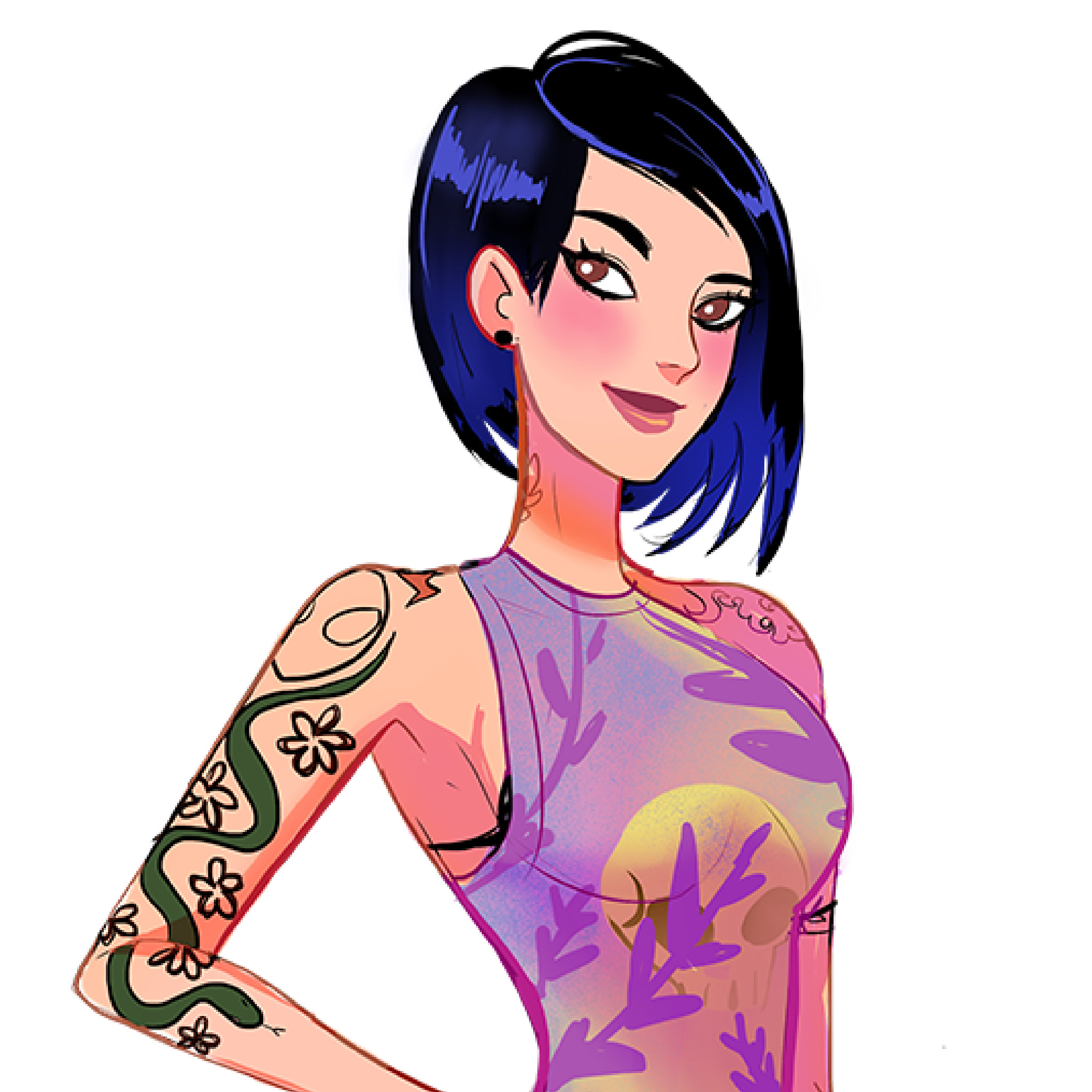 Illustration of a confident woman with short black and blue hair, wearing a sleeveless purple top with a yellow skull and purple leaf patterns. She has a green snake and flower tattoos on her left arm and a floral tattoo on her right shoulder.