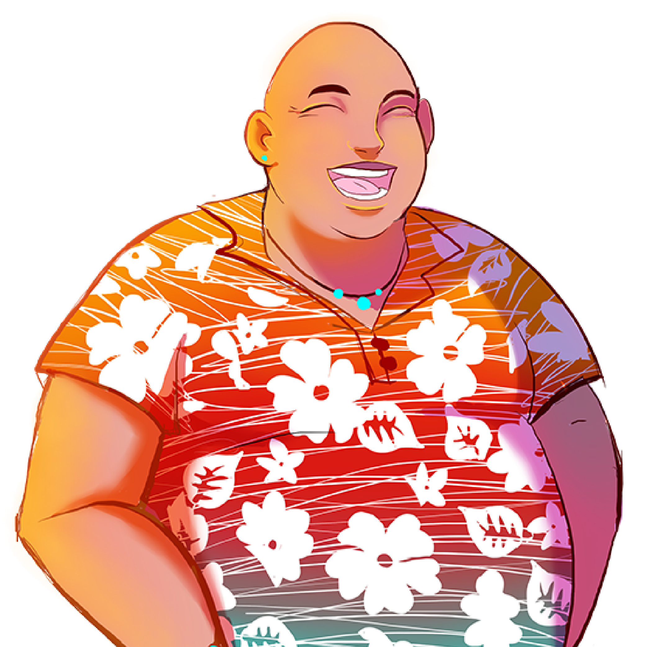 Illustration of a smiling, bald man with closed eyes wearing a vibrant floral shirt in shades of red, orange, and purple, accessorized with a turquoise necklace and earring.