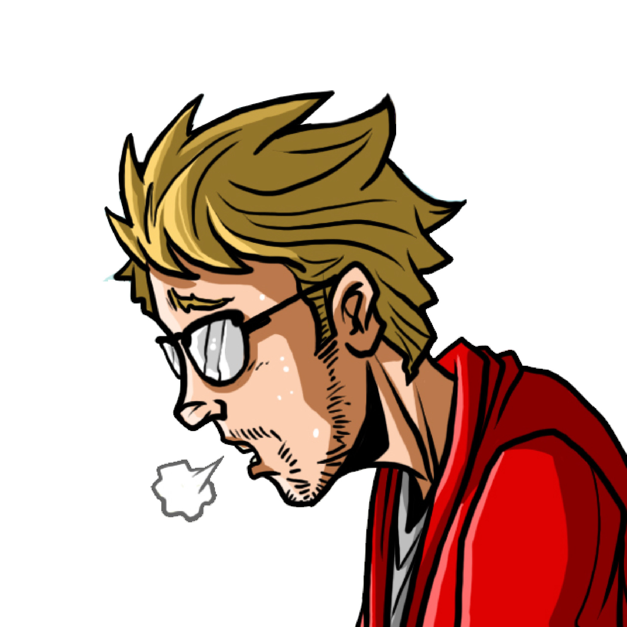 Side profile of a blond man with glasses and stubble wearing a red jacket, exhaling visible breath.