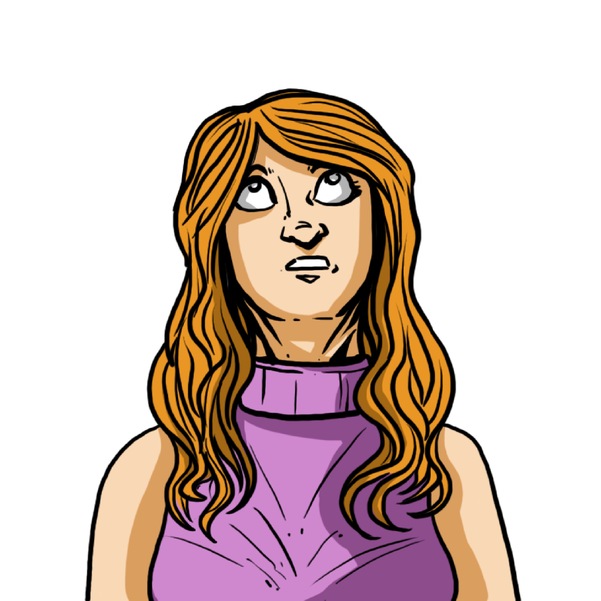 Illustration of a woman with long wavy orange hair wearing a purple sleeveless turtleneck, looking upward with a concerned expression.
