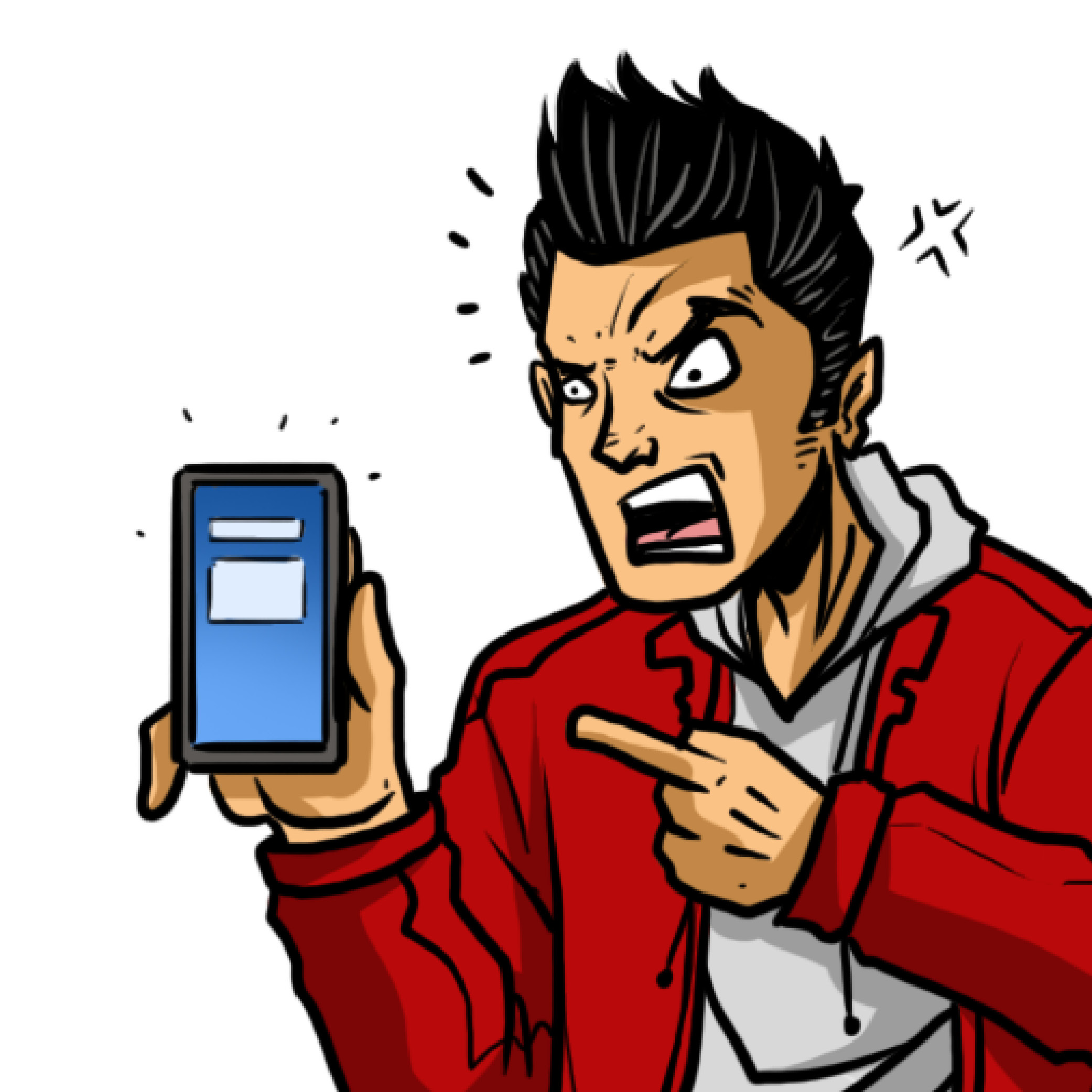 Illustration of an angry man with spiked black hair wearing a red jacket and gray hoodie, pointing at and holding up a smartphone with a blue screen showing two rectangular shapes.