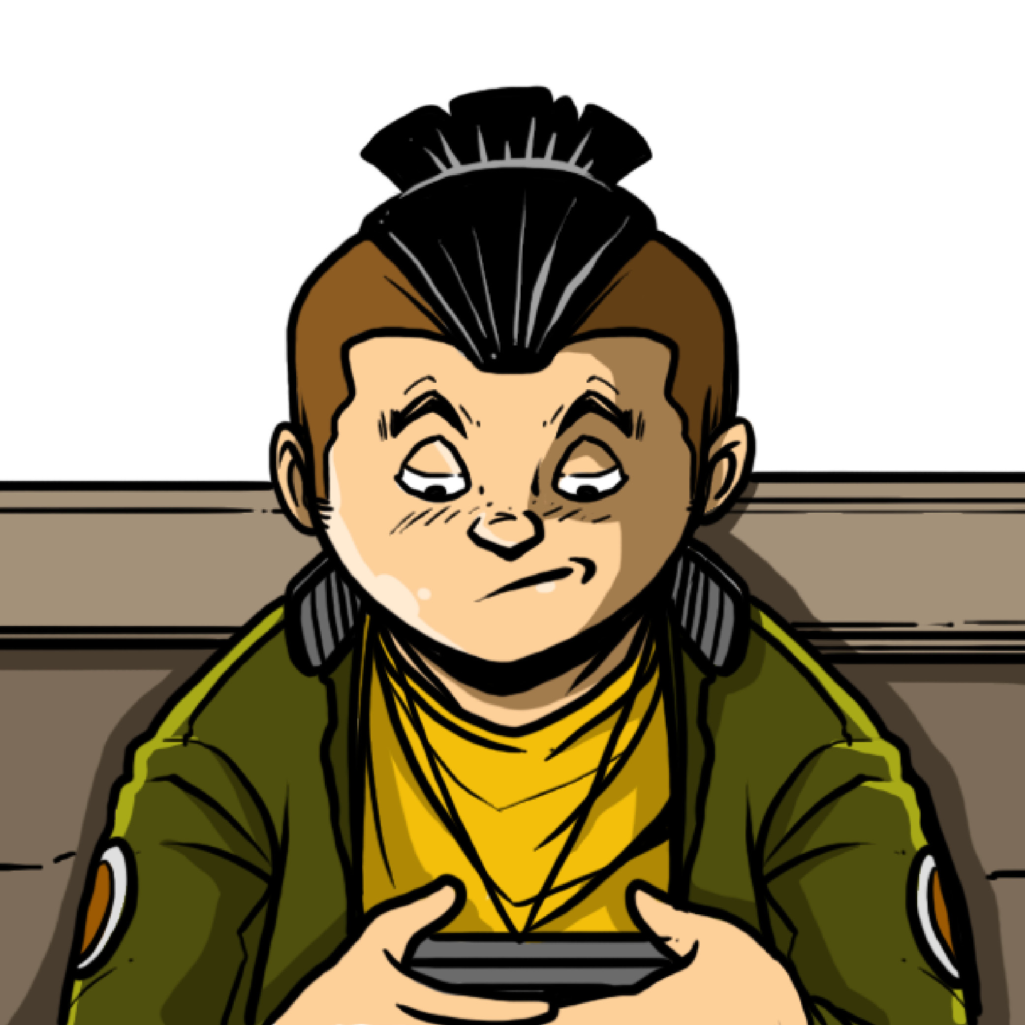 Cartoon of a person with a black mohawk and short brown hair looking down at a handheld device, wearing a yellow shirt and green jacket with patches on the sleeves.