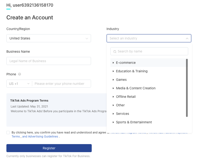 TikTok For Business Create an Account page