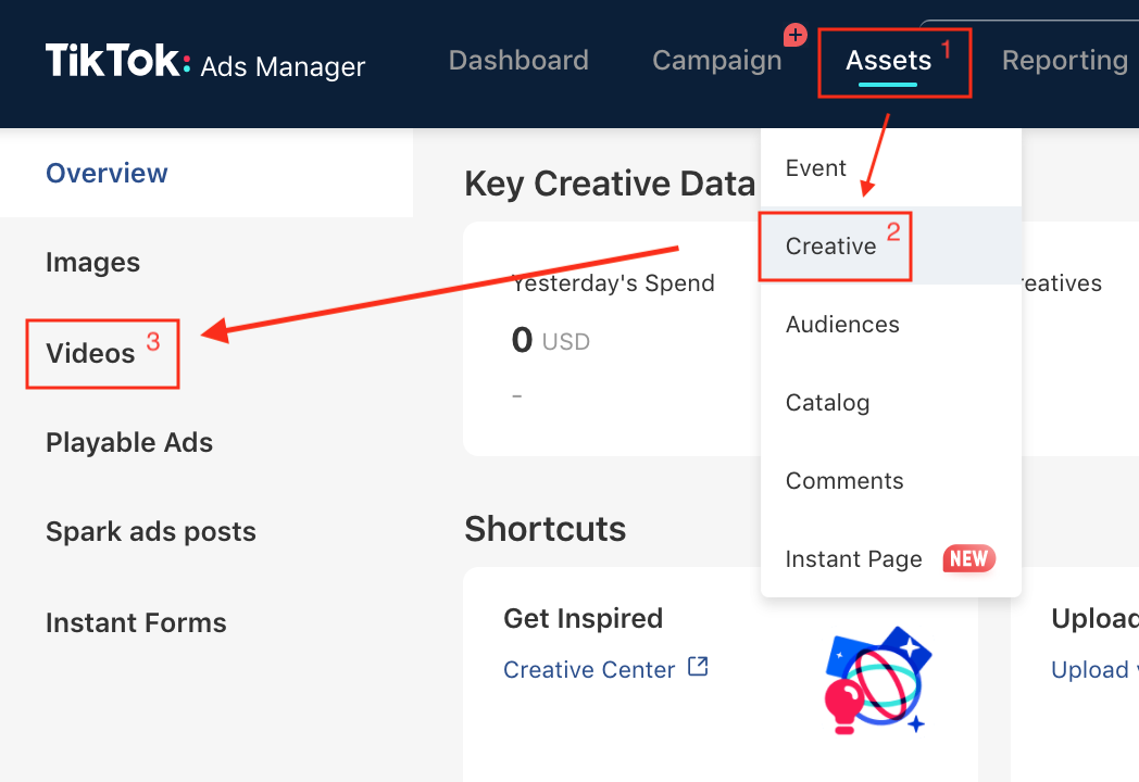 TikTok Ads Manager - Create and upload video assets