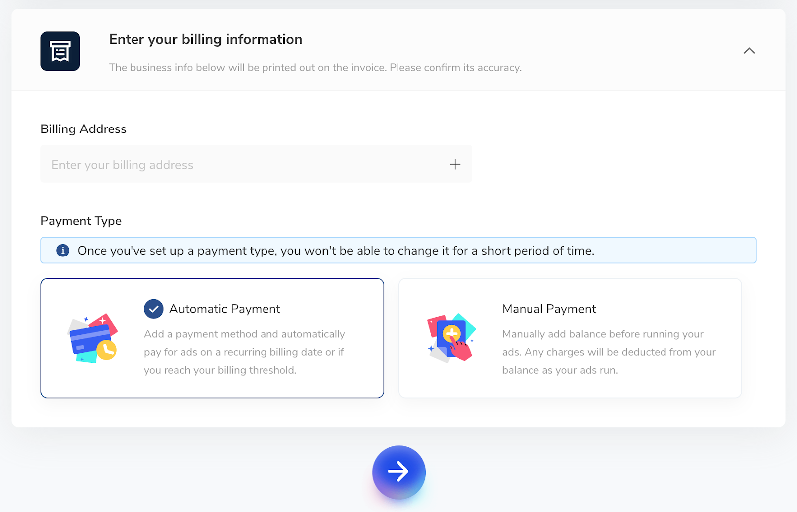 TikTok Ads Manager - billing information page