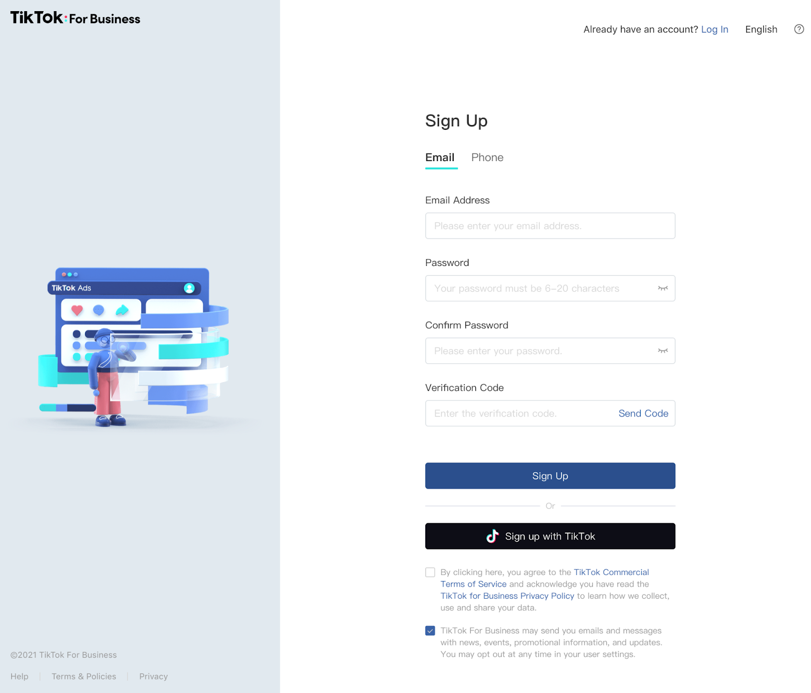 TikTok For Business sign up page
