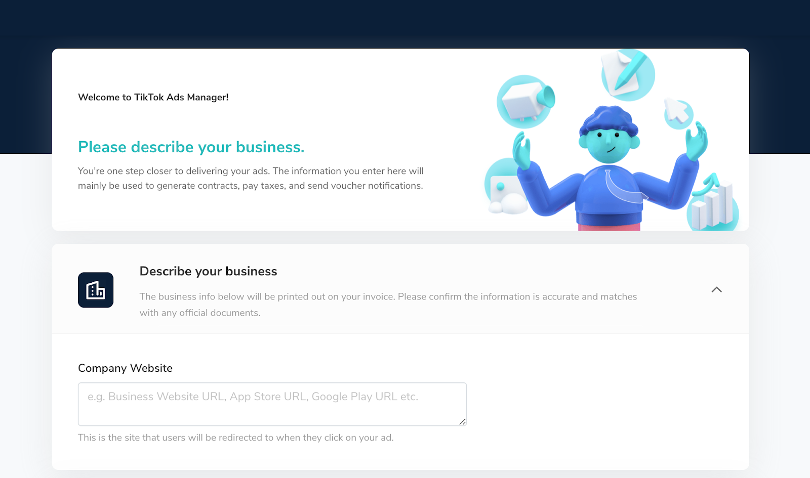 TikTok Ads Manager - business description page