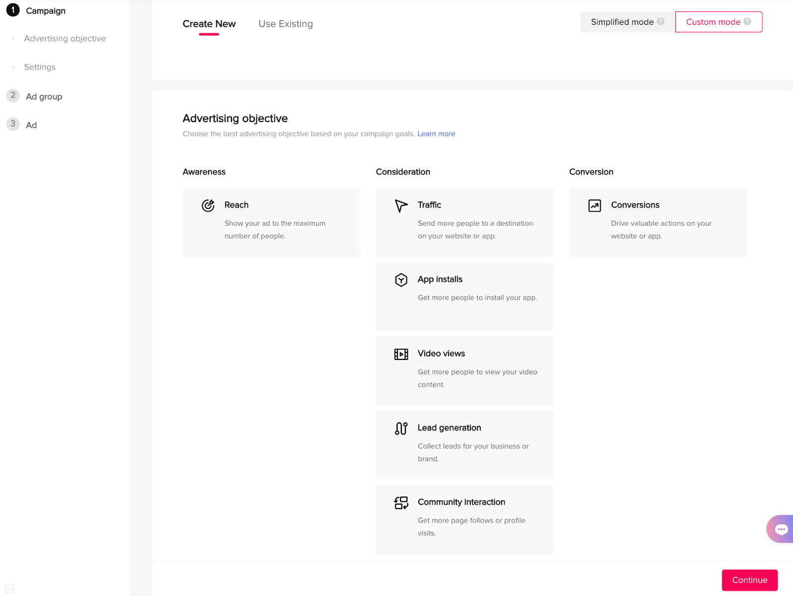TikTok ads objective selection