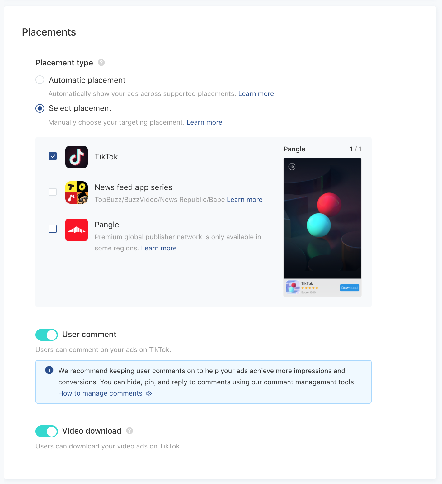 TikTok Ads Manager - select ad placements