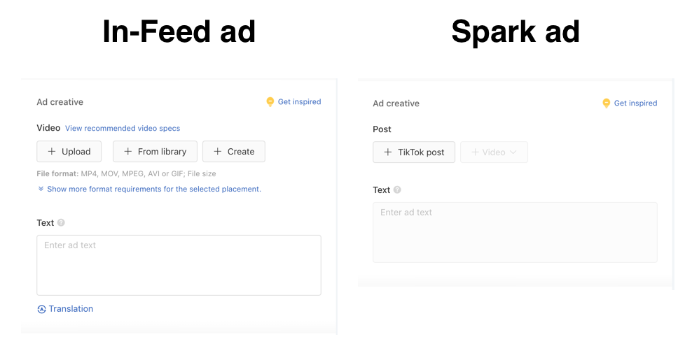 TikTok Ads Manager - in-feed ad vs spark ad