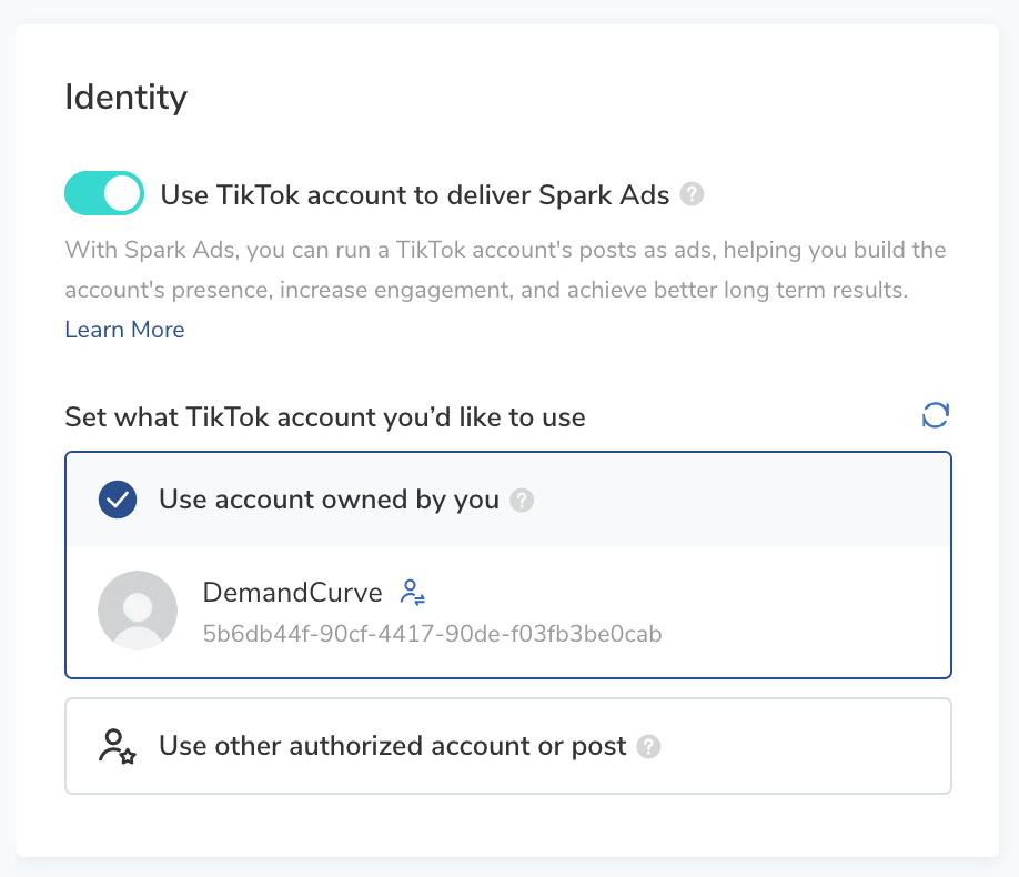 TikTok Ads Manager - set Spark ads account