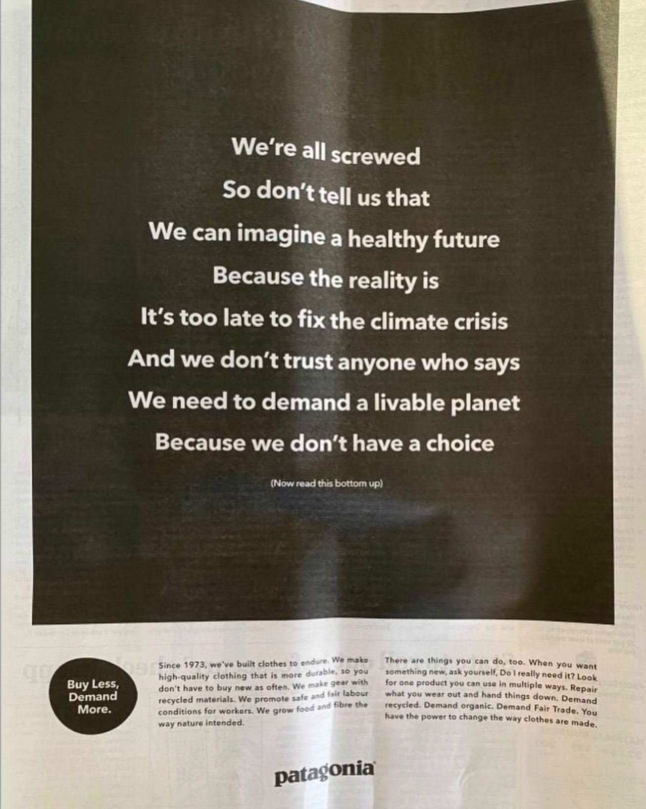Patagonia Buy Less, Demand More reversible poem ad