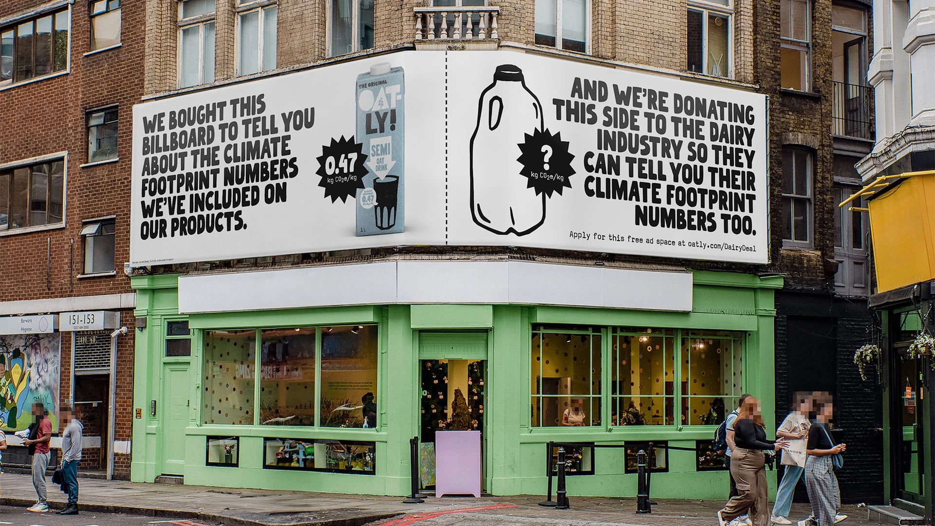 Oatly billboards: its carbon footprint number on one side, free ad space donated to the dairy industry on the other
