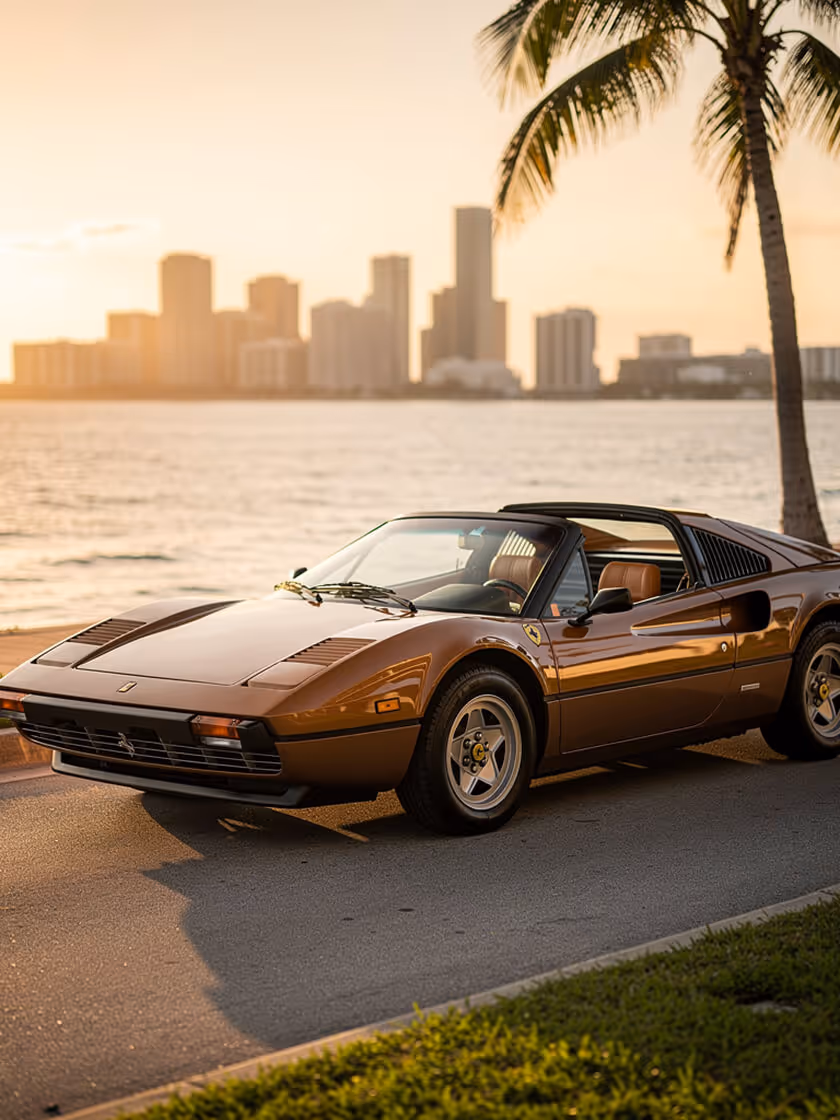 Brown classic Ferrari sports car parked on a waterfront road with city skyline and palm tree at sunset.
