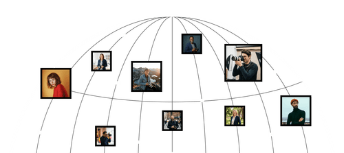 Globe grid illustration featuring diverse photographers holding cameras, signifying a global creator network.