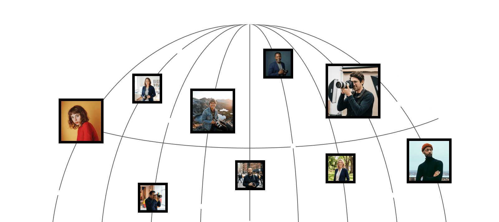 Globe grid illustration featuring diverse photographers holding cameras, signifying a global creator network.