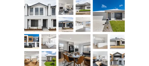 Collage of modern homes and interiors including exteriors with lawns, living rooms, kitchens, and bedrooms.