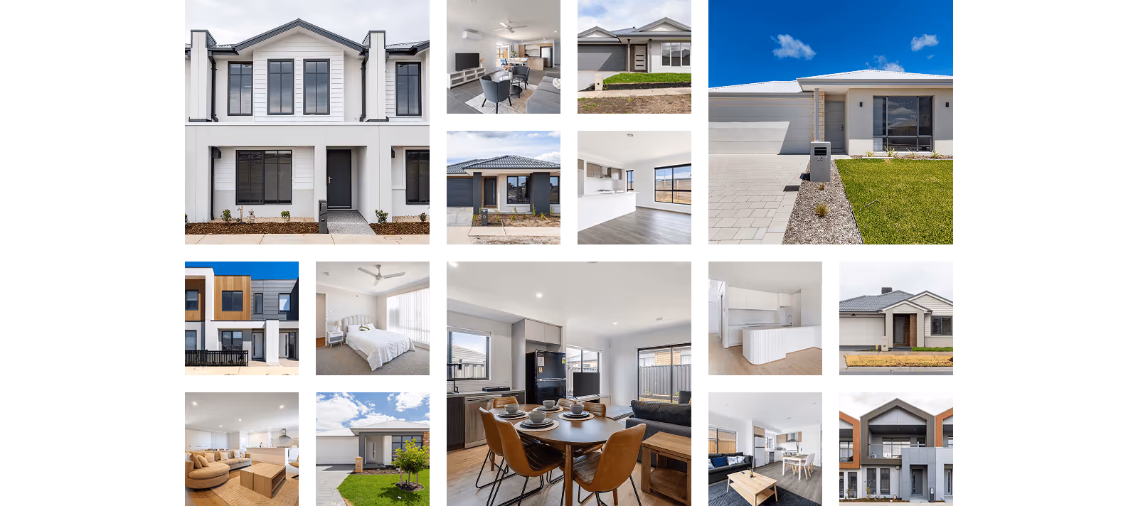 Collage of modern homes and interiors including exteriors with lawns, living rooms, kitchens, and bedrooms.