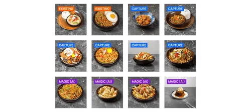 Grid of twelve food dishes on a marble table, labeled in three categories: Existing dishes with rice and curry, Capture dishes with various plated meals including noodles and rice, and Magic (AI) dishes with creative plated foods such as noodles, dumplings, fries with toppings, and dessert.
