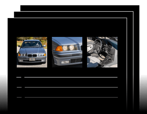 Three images of a gray BMW car showing the front view, close-up of the headlights and grille, and the interior driver's seat with steering wheel and dashboard.