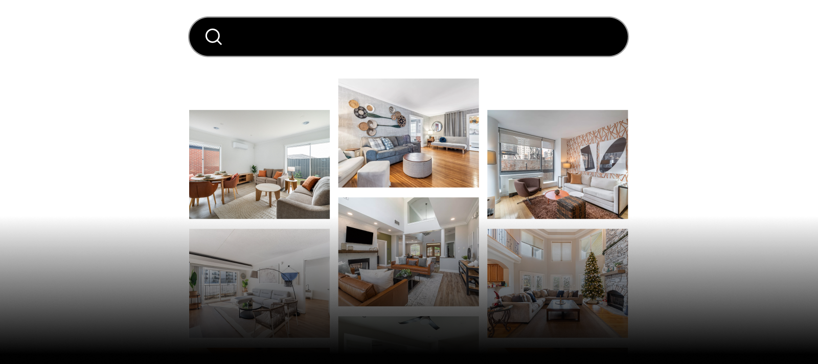 Search bar above a gallery of seven stylish living room interior photos with various decor styles.
