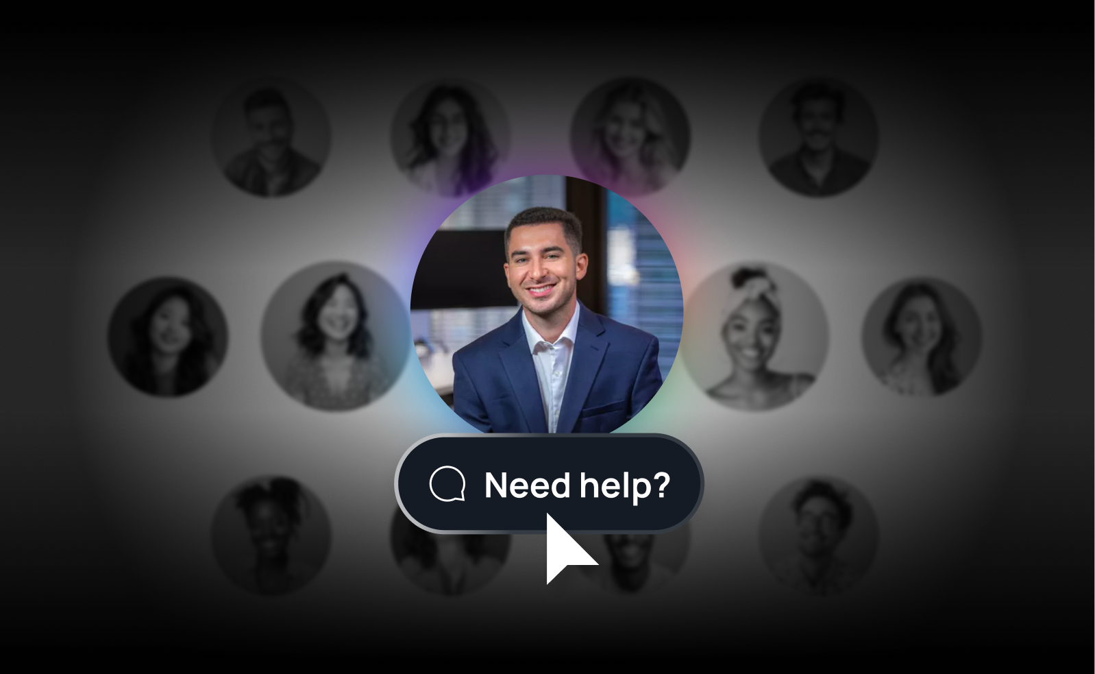 Profile photos with three people centered and highlighted, cursor on 'Need help?' search icon.