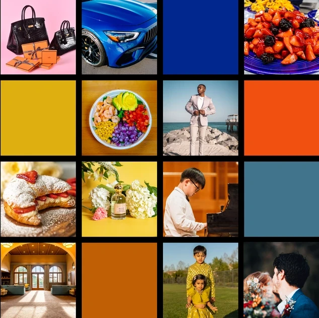 Grid of Snappr shoots: product, automotive, food, portrait, family, interior and wedding photography