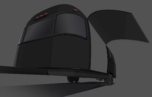 3D rendering of a black argosy trailer with a gullwing door open.