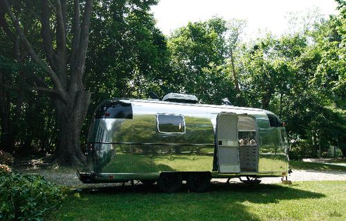 Shiny vintage argosy with black end caps. In green outdoors.