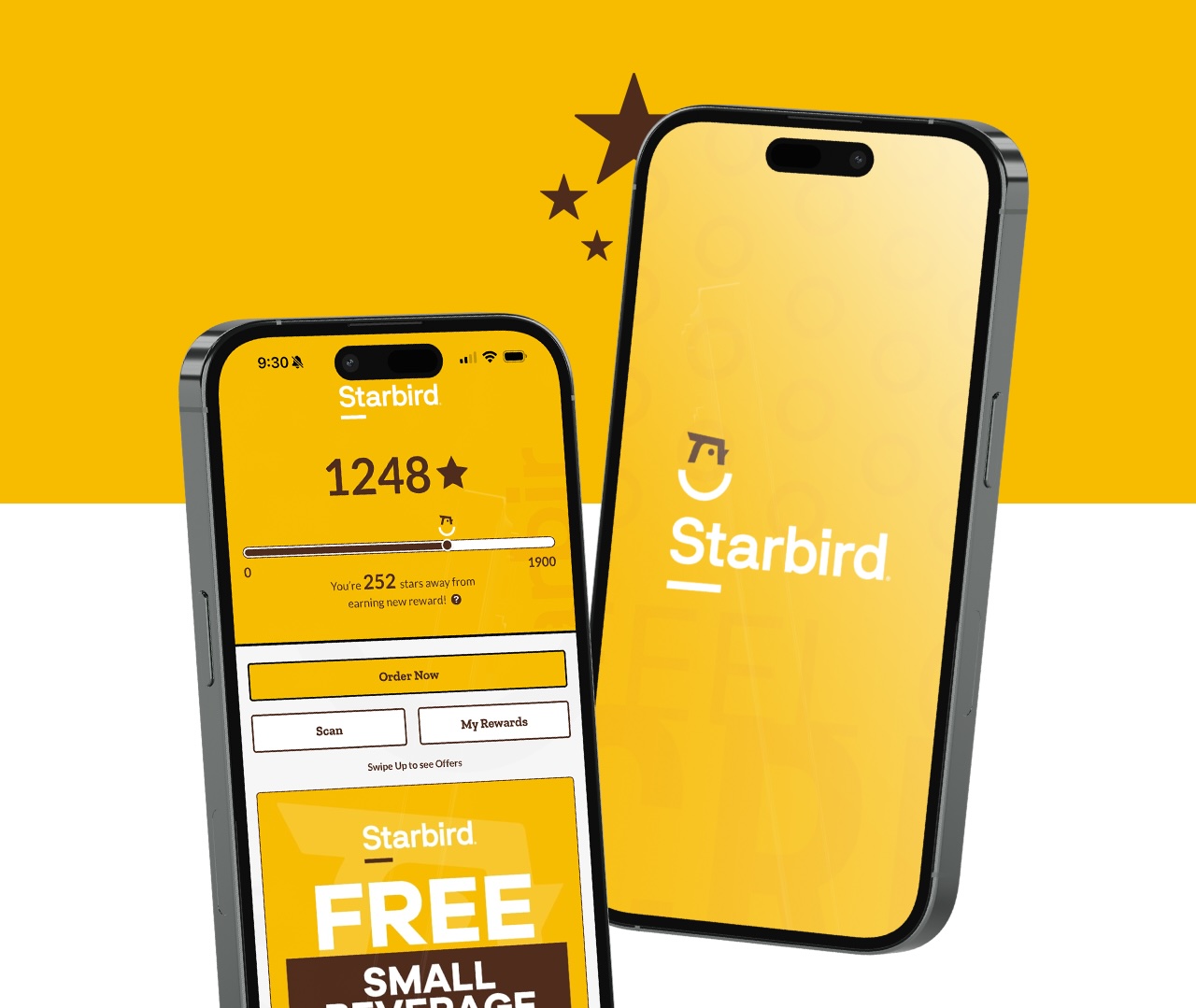 Two smartphones displaying the Starbird app's yellow interface with loyalty stars, ordering options, and a free small beverage offer.