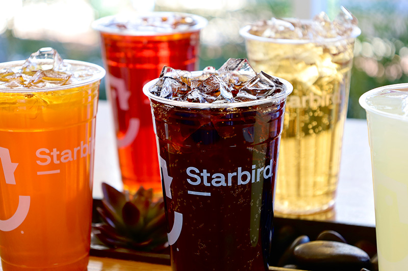 Five clear plastic cups filled with different iced beverages with ice cubes, each branded with the Starbird logo.