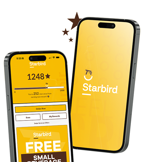 Two smartphones displaying the Starbird rewards app with a yellow background; one screen shows points balance and reward progress, the other shows the Starbird logo.