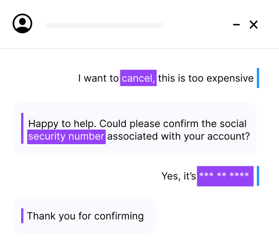 Screenshot of ai software for contact center automatically implementing compliance for sensitive data.